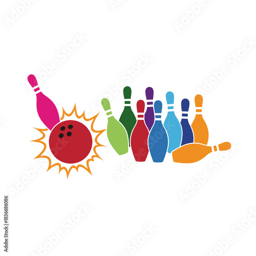 Colorful Bowling Pins and Ball in Motion Dynamic Sports Illustration for Recreational Activity and Leisure Entertainment