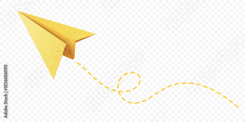 Yellow Paper Airplane Icon, Vector Illustration. Flying Paper Plane with Dotted Line Trail. Email, Message Symbol. 3d Yellow Paper Airplane, Isolated