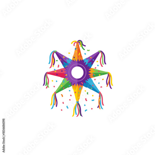 Colorful Star Shaped Pinata With Confetti Falling Against Black Background Festive Celebration Concept