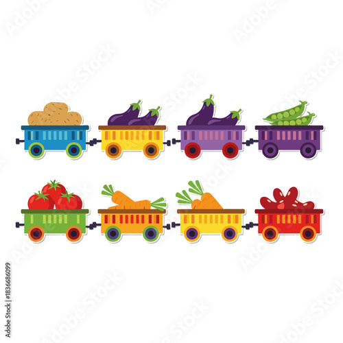 Colorful Cartoon Train Cars Filled With Fresh Vegetables And Potatoes A Whimsical Collection Of Healthy Food Elements On A Black Background