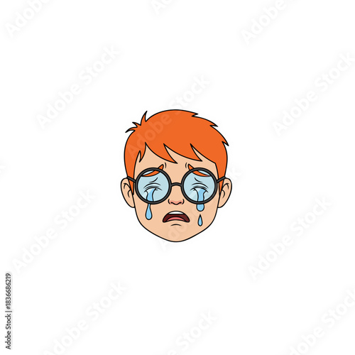 Close Up Of A Crying Boy's Face Wearing Glasses And Red Hair With Tears Rolling Down His Cheeks On A Black Background And White Outline Sticker Style