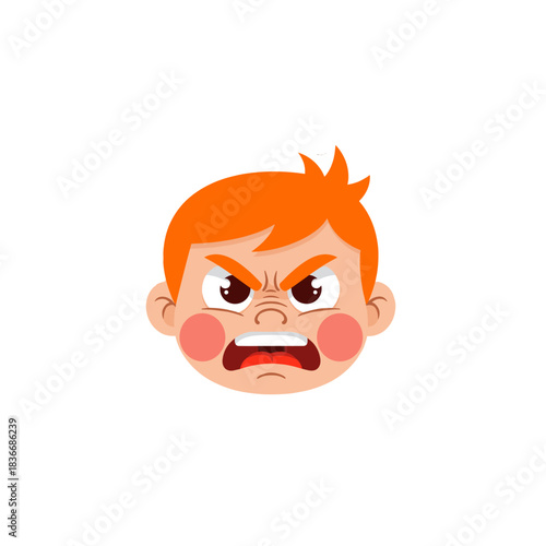 Close-up of an angry cartoon boy with orange hair and red cheeks shouting with eyes narrowed in frustration against a black background and white outline