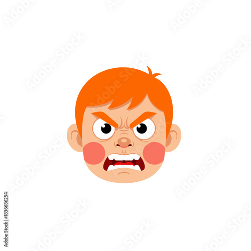 Close Up Portrait of a Young Boy With Bright Orange Hair and Angry Facial Expression Showing Gritted Teeth and Furrowed Brow Against a Solid Black Background with Pink Cheeks and Wide White Eyes