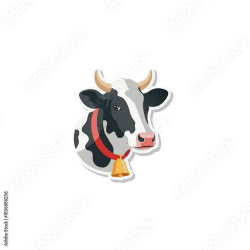 Close Up Portrait Of A Black And White Cow Wearing A Red Collar With A Bell And Horns Against A Black Background Detailed Farm Animal Head