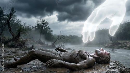 Bible Cinematic video of God creating Adam from clay giving spark of life with divine touch Bible Genesis 2 concept