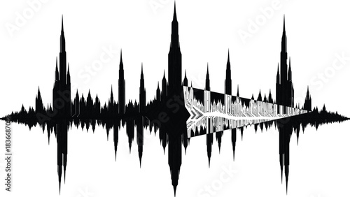 Abstract black waveform silhouette with mirrored peaks, digital soundwave art, modern audio frequency illustration, minimalist noise graph design