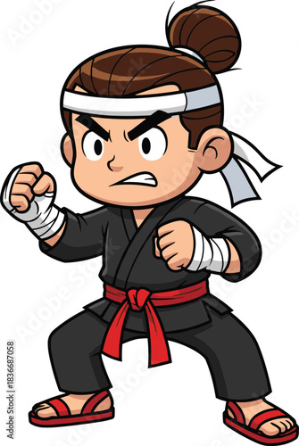 Cartoon martial artist character in fighting stance, wearing black uniform and red belt, showing strength, determination, training spirit, combat readiness, discipline
