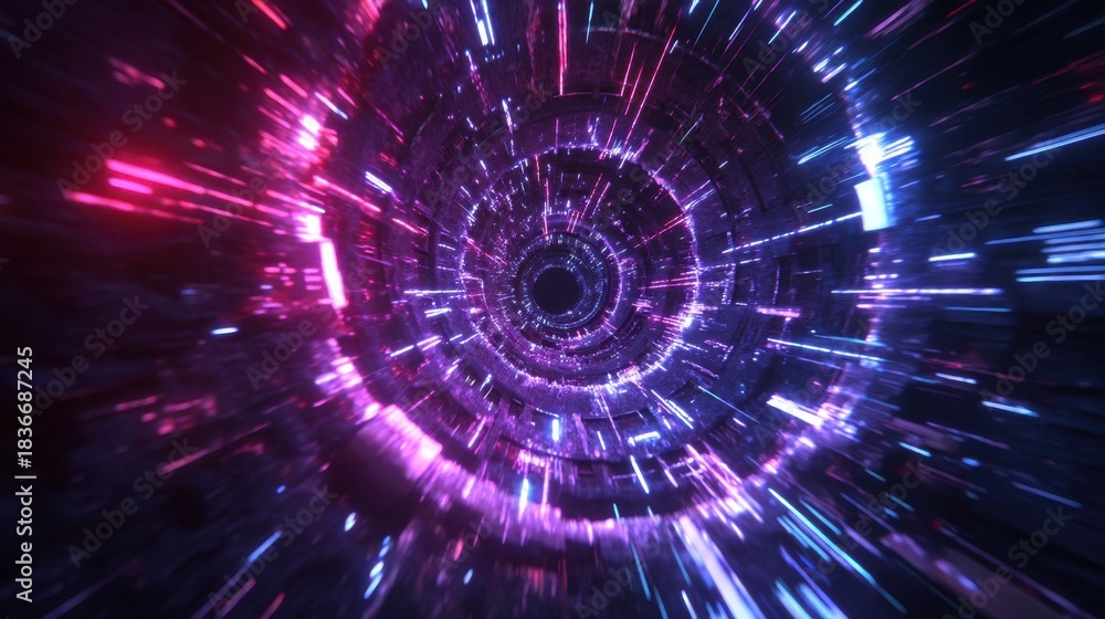 Obraz premium Bright colors swirl and radiate from a central point creating a dynamic visual effect in a digital space. Light streaks form an abstract pattern in this captivating scene.