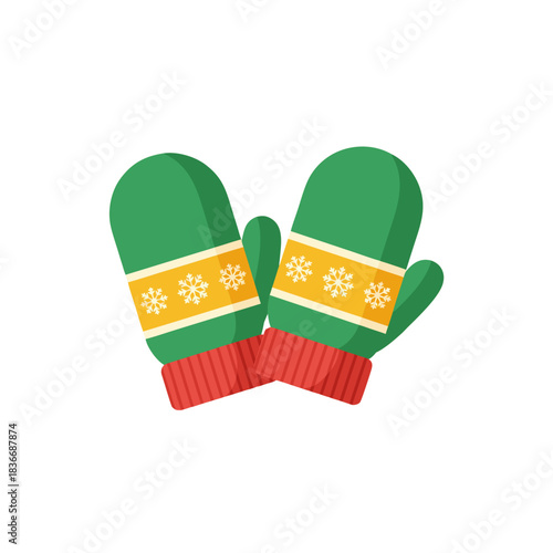 Cozy Green Winter Mittens With Red Cuffs And Snowflake Pattern Accents On A Transparent Background