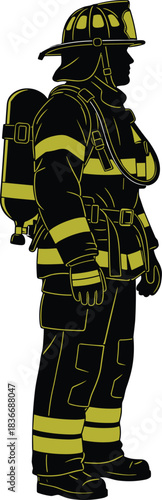 Detailed firefighter illustration in full protective gear with helmet, uniform, gloves, oxygen tank, emergency responder equipment silhouette for safety design