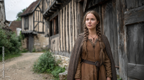  Medieval woman standing before a weathered timber-framed cottage with a stone base
