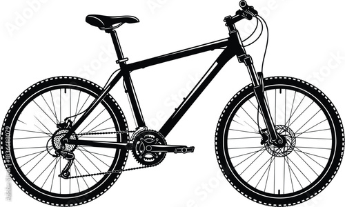 Detailed black and white illustration of a mountain bike with gears, wheels, and frame design, showcasing outdoor cycling equipment artwork