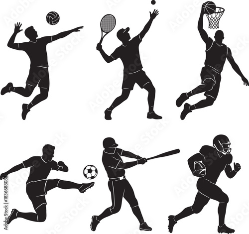 Set of dynamic sports silhouettes, athletes in action, volleyball, tennis, basketball, soccer, baseball, American football, solid black vector graphics on white background, minimalist, flat design, hi