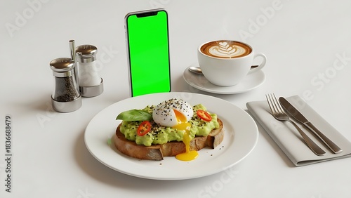 neutral background  Avocado Toast and Coffee With Green Screen Phone — Roti Alpukat dan Kopi Dengan Ponsel Layar Hijau	