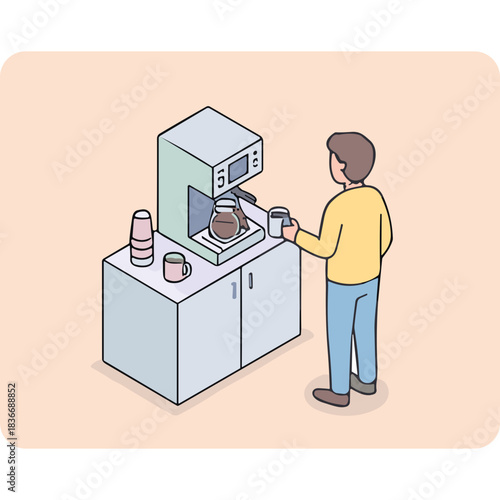 Man Standing By A Coffee Maker In A Light Orange Room Preparing A Hot Beverage With A Light Blue Cabinet And Light Green Coffee Machine And Holding A White Mug And A Light Blue Mug On The Side