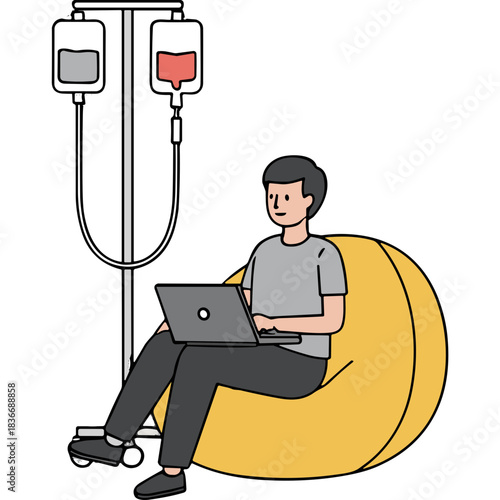 Man Sitting On Yellow Beanbag Chair Typing On Laptop With IV Drip Stand Next To Him Medical Treatment Concept