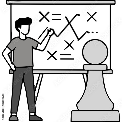 Man Standing Next To A Blackboard With A Strategy Plan Drawn On It And A Large Chess Pawn In The Foreground