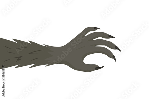 Cartoon Werewolf Claw Hand, Vector Illustration. Hairy Monster Arm with Sharp Nails. Scary Horror Halloween Illustration. Beast Paw Reaching Isolated Clipart