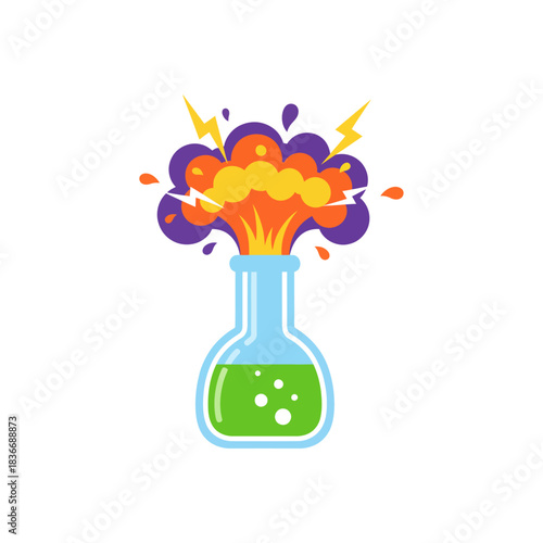 exploding chemistry experiment green liquid erupting from a flask generating bursts of color and lightning ideal for illustrating scientific innovation.