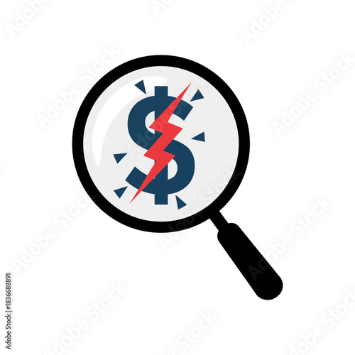 Financial crisis concept Magnifying glass revealing dollar sign with lightning bolt symbolizing economic downturn and market instability ideal for finance blogs.