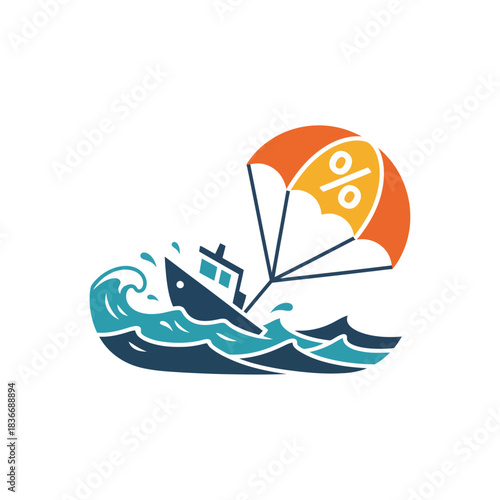 financial crisis concept a boat capsizing in rough seas under a percentage parachute illustrating economic instability and market uncertainty