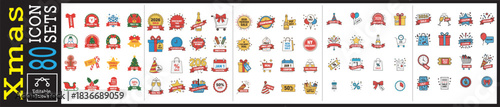 80 Christmas Shopping and Winter Sale Icons Big Set. Santa, Delivery, Gift, and E-commerce Vector Bundle.