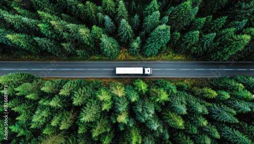 Aerial view of a white truck driving on a road through a lush green forest (1)