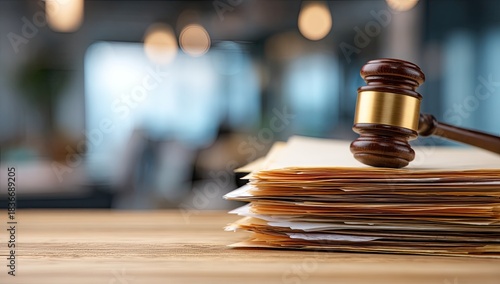 Wooden gavel resting atop a stack of legal documents on a wooden table