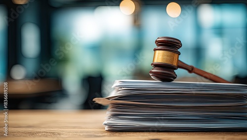 A gavel rests atop a stack of legal documents on a wooden desk