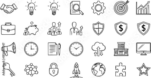 Hand-drawn Business, Finance, Technology, and Marketing Icons Set. Sketchy Black Line Art Doodles for Corporate Strategy, Innovation, and Digital Concepts.