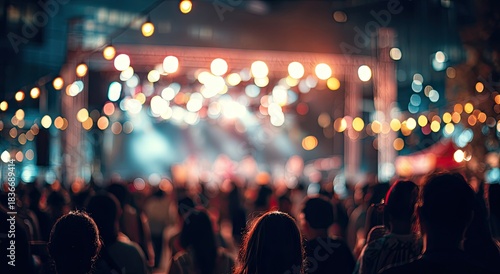 A vibrant, blurred night concert scene with a cheering crowd