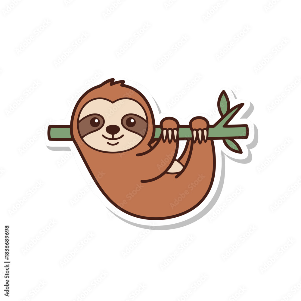 Naklejka premium Cute Cartoon Sloth Hanging on a Branch with Green Leaves Vector Illustration