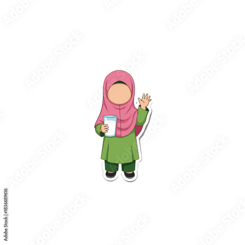 Cute Cartoon Muslim Girl Wearing Pink Hijab and Green Dress Holding a Glass of Milk Waving Her Hand on a Black Background