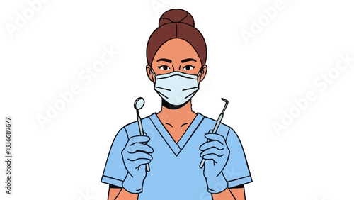 Female dental hygienist wearing a mask holding dental tools  