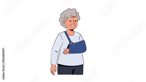 Elderly woman smiling while wearing an arm sling with cheerful expression  