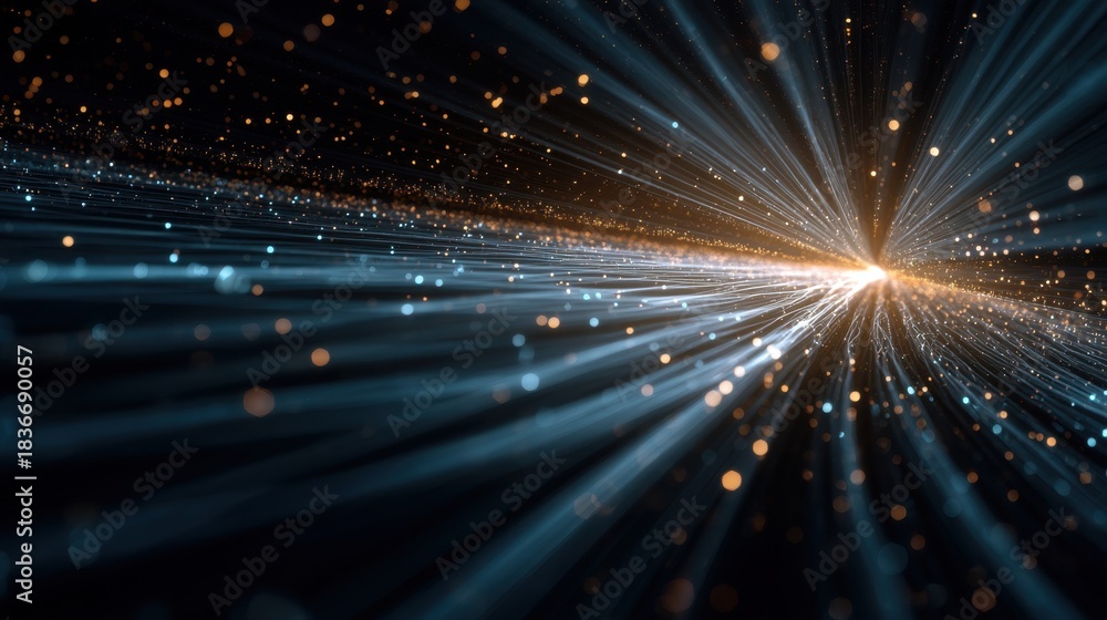 Fototapeta premium Light beams radiate outwards with glowing particles scattered across a dark backdrop. This scene is created through digital artwork techniques showing movement and energy.