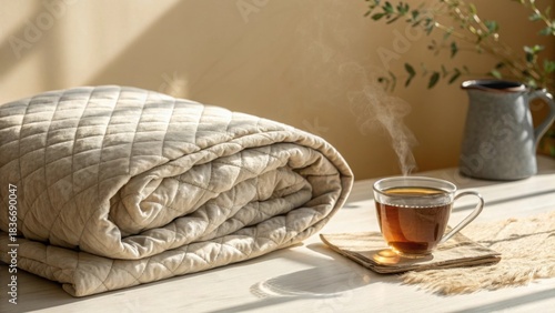 Weighted blanket gently folded next to steaming tea cup