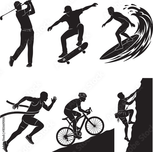 Vector illustration collection, black silhouettes, pure white background, dynamic sports poses, athletes, volleyball, tennis, basketball, soccer, baseball, American football, golf, skateboarding, surf