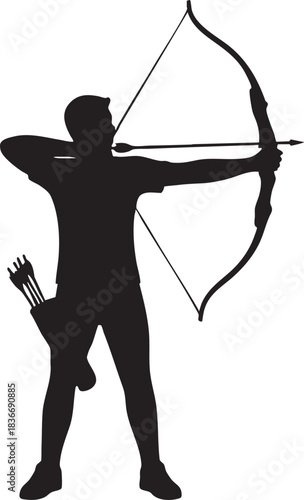 Archer silhouette, male figure, aiming bow, drawing arrow, side profile, black vector graphic, pure white background, quiver with arrows, flat design, high contrast, isolated sports illustration