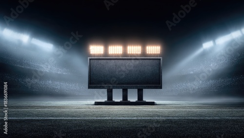 Illuminated stadium screen stands center on empty field with bright lights above