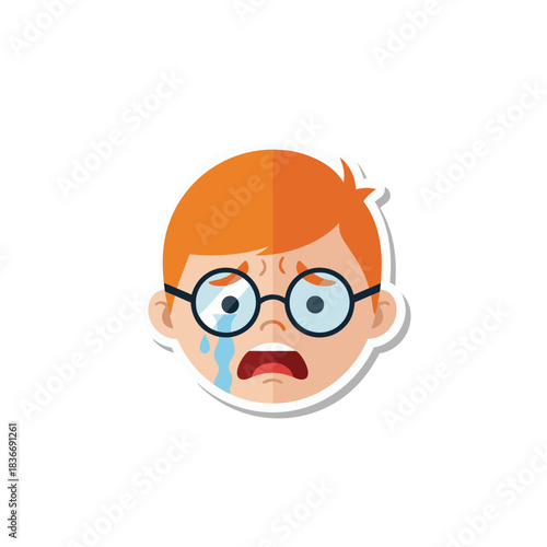 Distressed cartoon boy with ginger hair wearing round glasses crying tears of sadness expression of despair isolated on black background