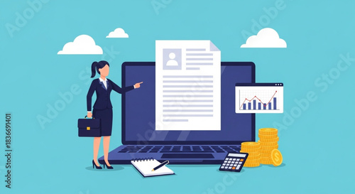 Businesswoman reviewing document on laptop with financial charts and coins, symbolizing career growth and financial planning