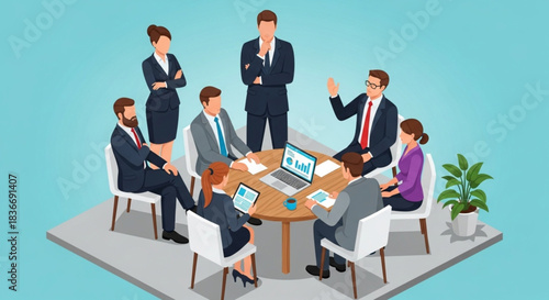 Business Meeting Discussion Around a Table with Laptops and Tablets