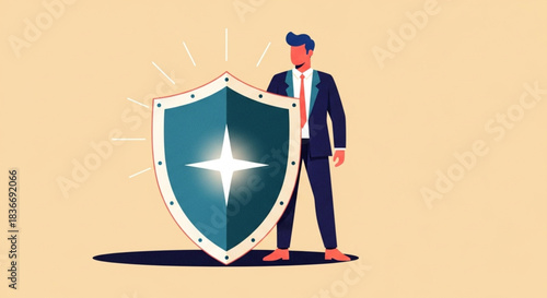 Illustration of a businessman holding a shield, symbolizing protection and security in business operations