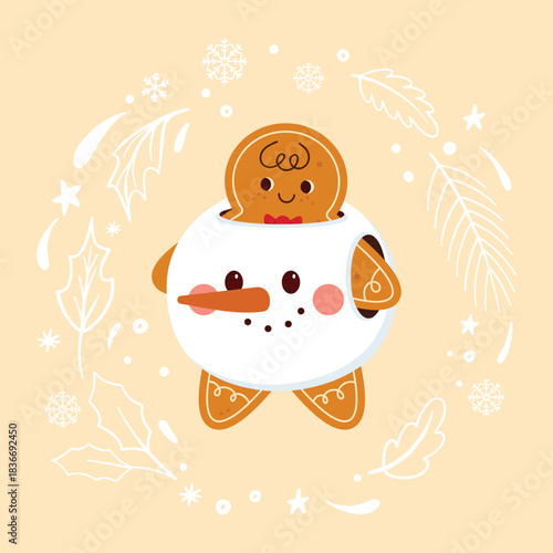 Christmas greeting card with Gingerbread. Vector holiday illustration with homemade baked goods. Seasonal flavored products, cards for New Year or winter holidays.