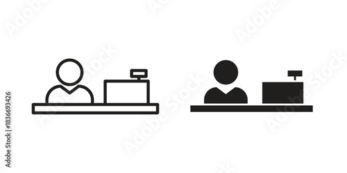 Cashier icons for web design set in black stroke and solid style. EPS10