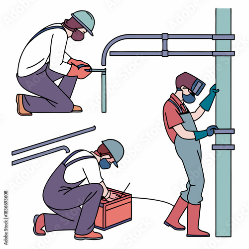 People weld metal. Welders work in protective masks and gloves, men repair, fixing and building, different pipes structures connection, cartoon flat style isolated nowaday vector set