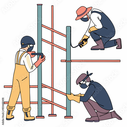 People weld metal. Welders work in protective masks and gloves, men repair, fixing and building, different pipes structures connection, cartoon flat style isolated nowaday vector set
