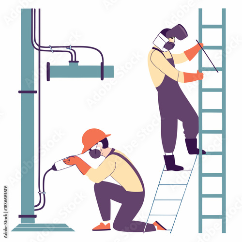 People weld metal. Welders work in protective masks and gloves, men repair, fixing and building, different pipes structures connection, cartoon flat style isolated nowaday vector set