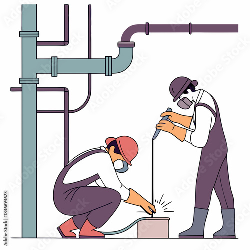 People weld metal. Welders work in protective masks and gloves, men repair, fixing and building, different pipes structures connection, cartoon flat style isolated nowaday vector set